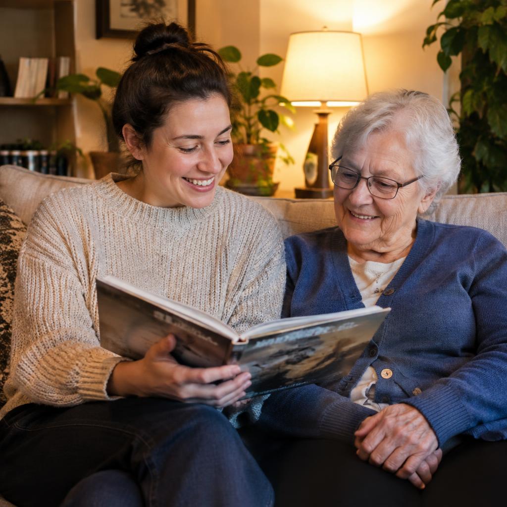 Eine Frau liest einer älteren Dame auf dem Sofa aus einem Buch vor