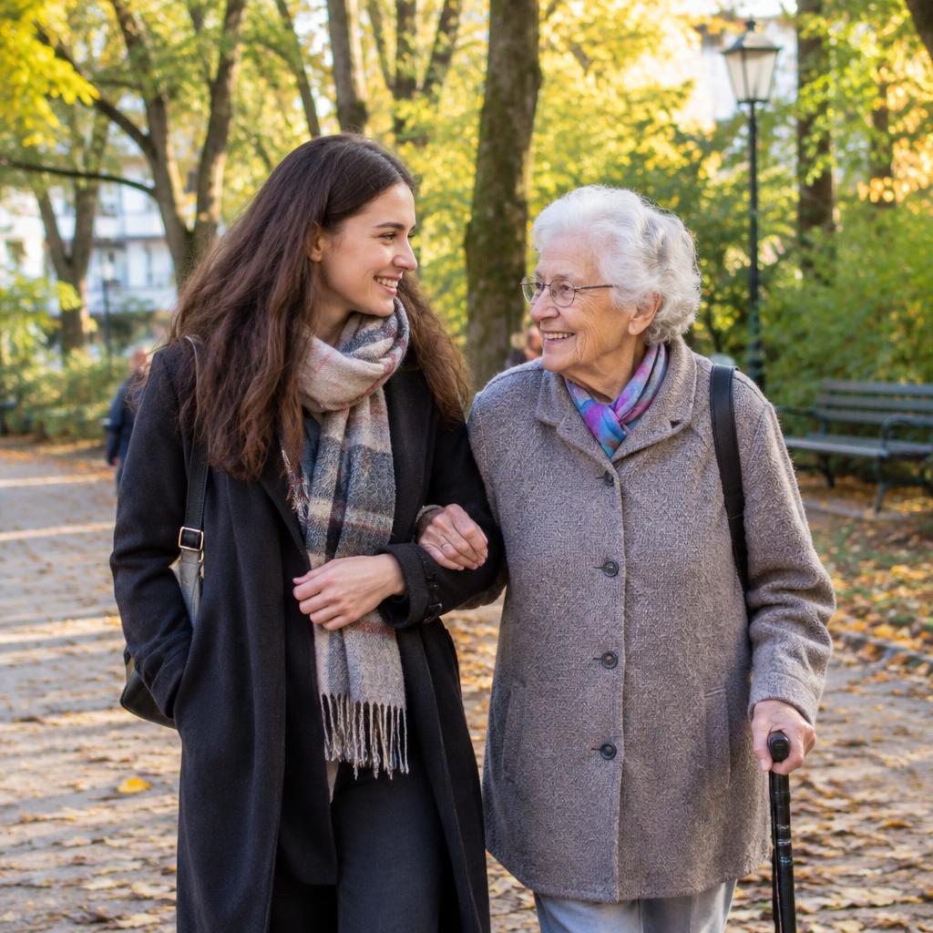 Junge Begleiterin geht Arm in Arm mit einer älteren Dame durch einen Berliner Park
